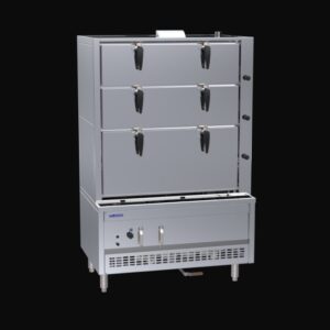 1200mm 3 Deck Steam Cabinet with ultra-efficient heat exchange system. Features flame failure, auto tank refill, pressure release valve and rotary door