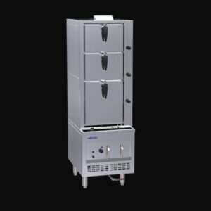600mm 3 Deck Steam Cabinet with ultra-efficient heat exchange system. Features flame failure, auto tank refill, pressure release valve and rotary door