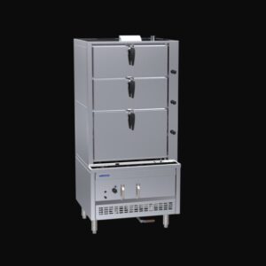 900mm 3 Deck Steam Cabinet with ultra-efficient heat exchange system. Features flame failure, auto tank refill, pressure release valve and rotary door
